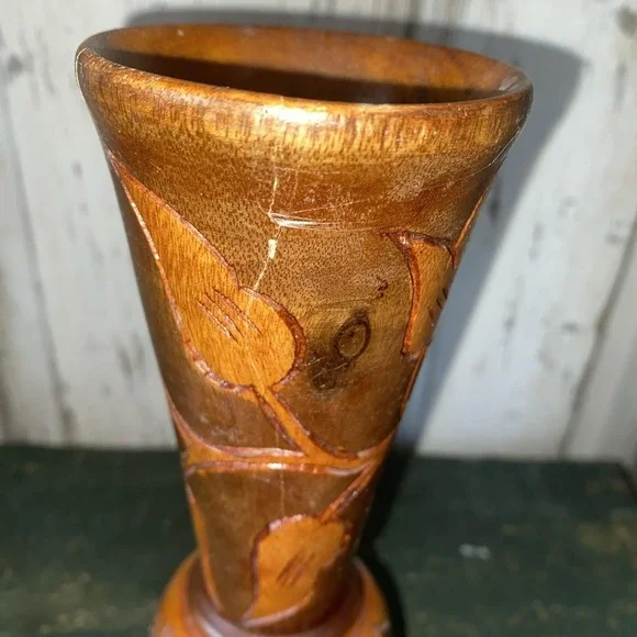 Vintage MCM Wooden Vase With Carved Leaves and Flowers 9" Tall - Picture 5 of 7